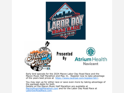 Early Bird Specials for the 2024 Macon Labor Day Road Race and the Macon Music Half Marathon end May 31